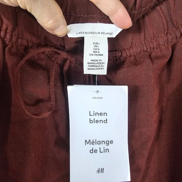 H&M Linen Wide-Leg Pants L Pull On Burgundy High Waist Coastal Lagenlook Scandi - Picture 7 of 12